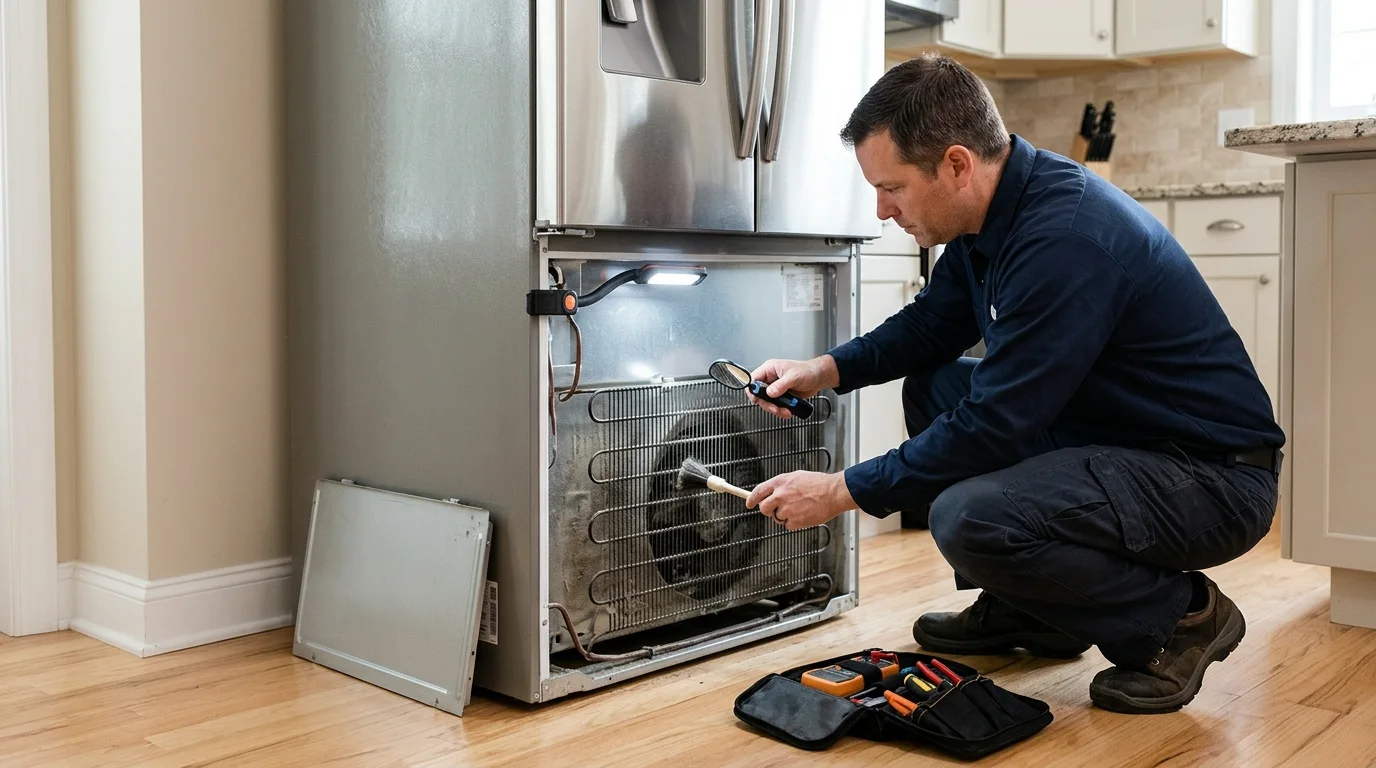 Technician inspecting the airflow, condenser or cooling-system inspection area of a refrigerator while troubleshooting LG fridge not cooling