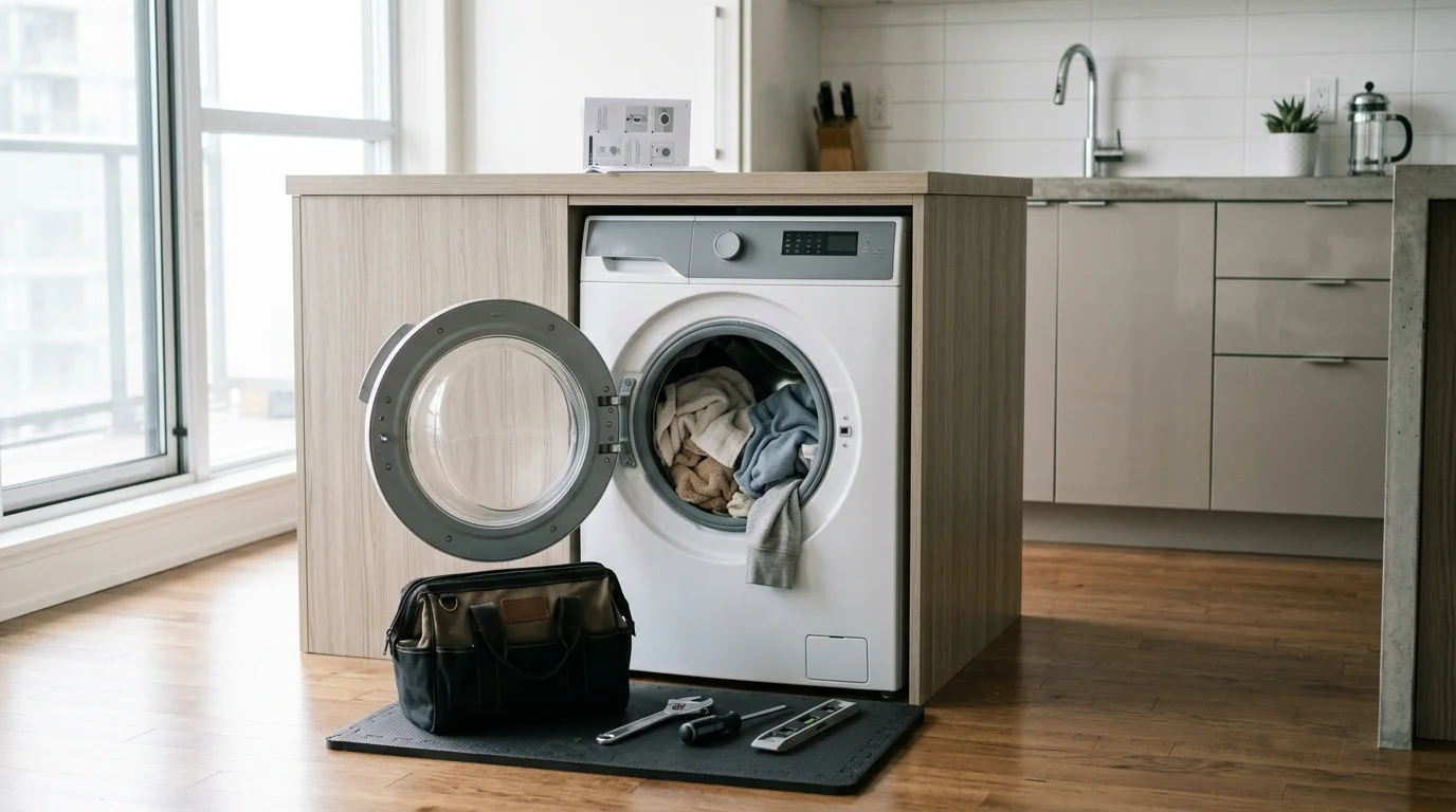 Washer inspection scene illustrating lg washer ue code in a residential setting