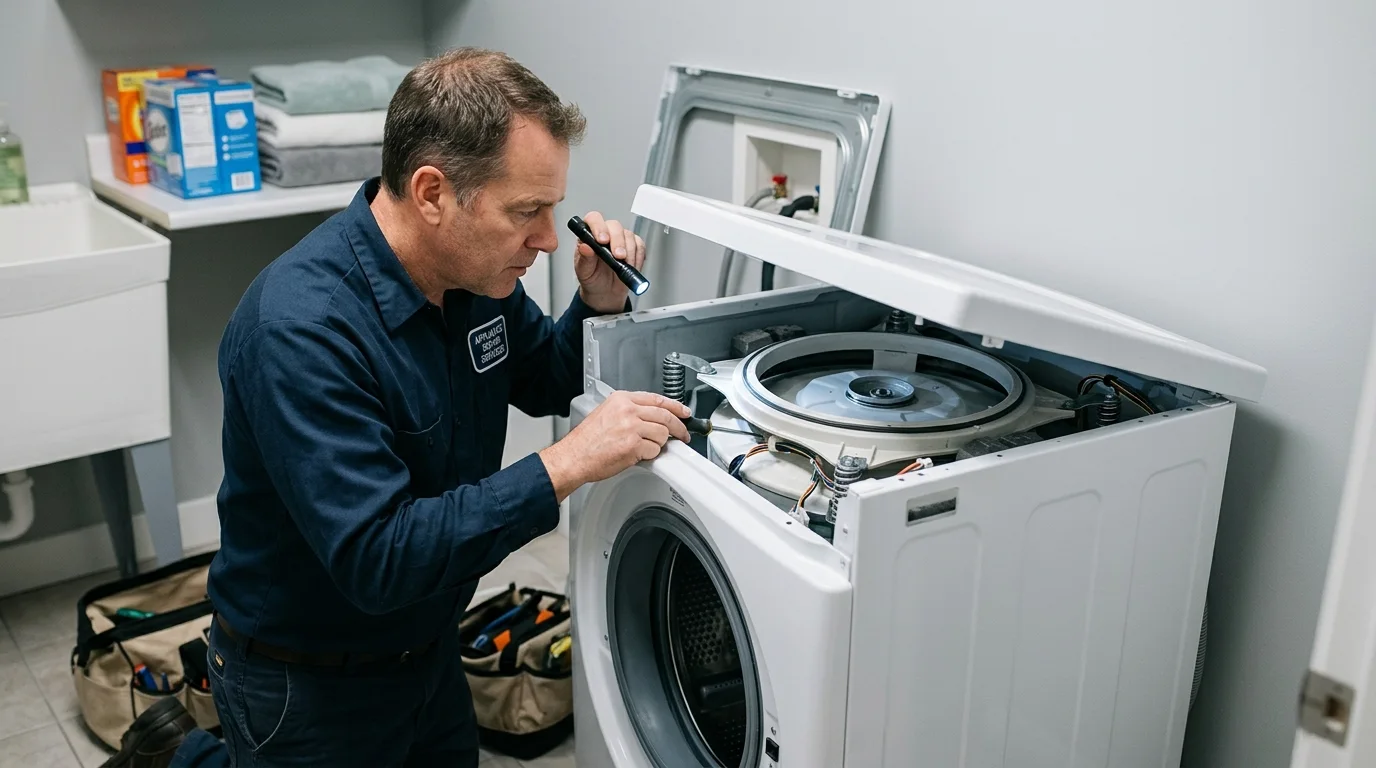Technician inspecting the problem-specific component inspection area of a washing machine while troubleshooting LG washer UE code