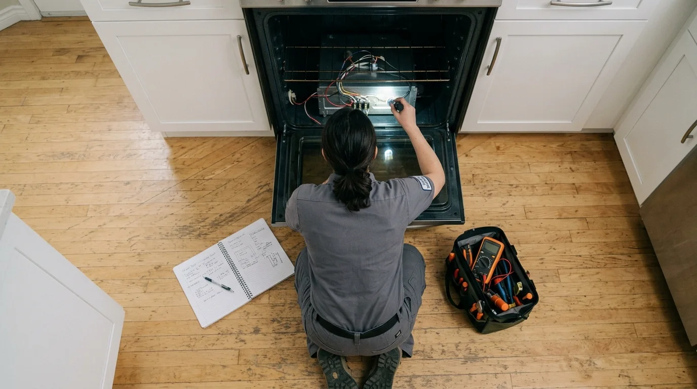 Oven inspection scene illustrating oven not heating up in a residential setting