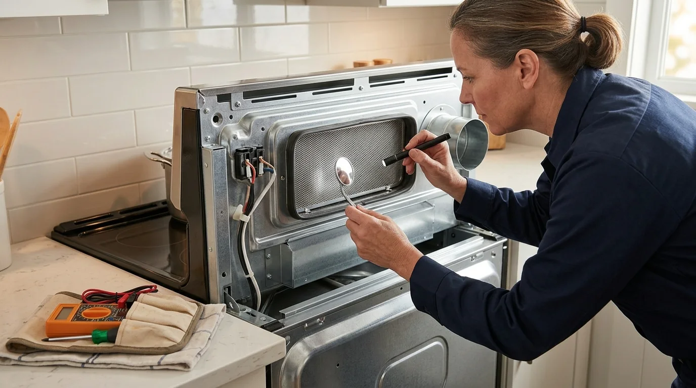 Technician inspecting the heating and airflow inspection area near the lint filter or vent connection of a stove or oven while troubleshooting oven not heating up
