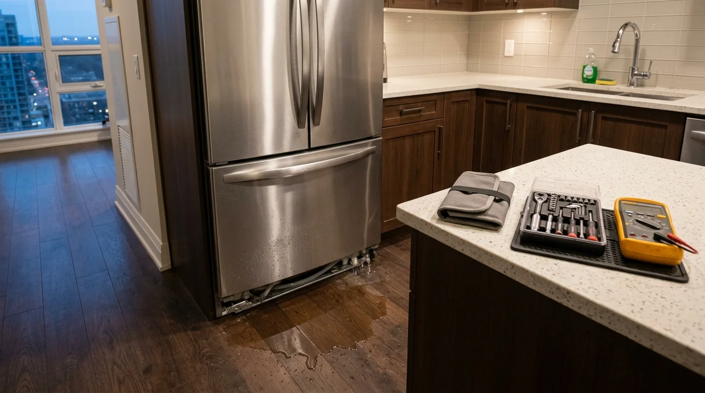 Refrigerator inspection scene illustrating refrigerator leaking water in a residential setting