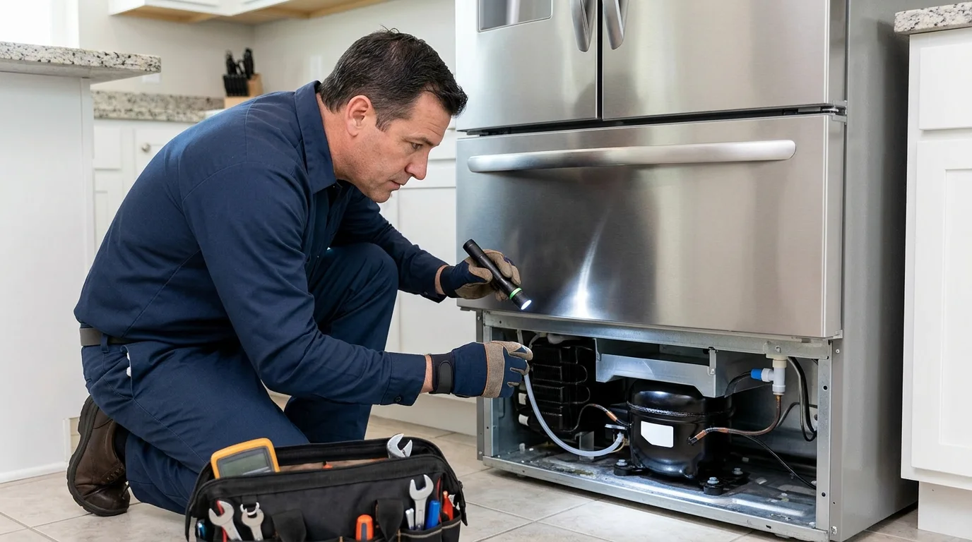Technician inspecting the door seal, hose or lower-front leak inspection area of a refrigerator while troubleshooting refrigerator leaking water