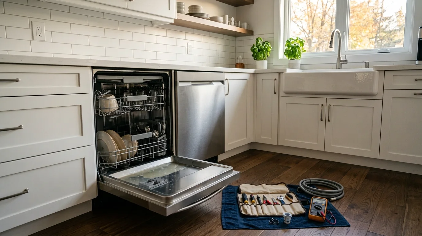 Dishwasher inspection scene illustrating samsung dishwasher not draining in a residential setting