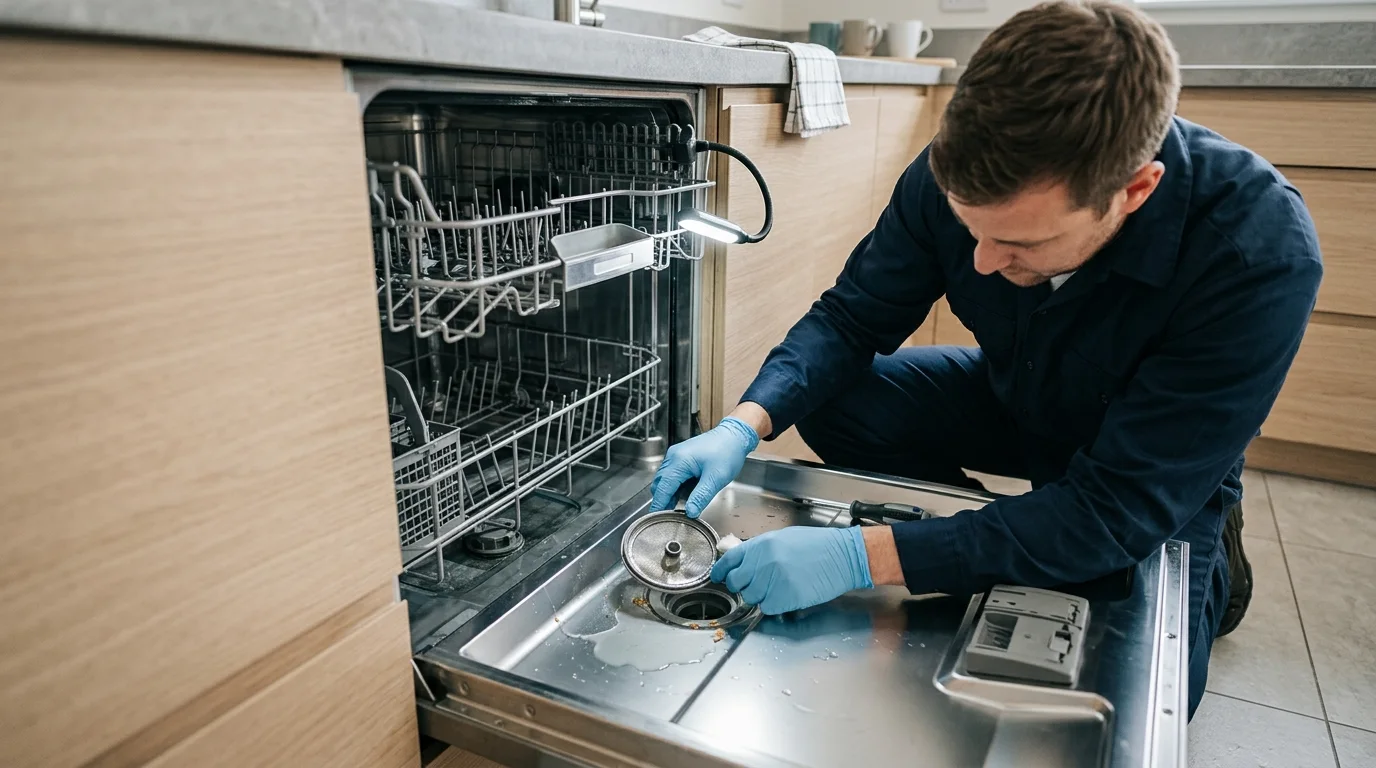 Technician inspecting the lower filter and drain-pump area of a dishwasher while troubleshooting Samsung dishwasher not draining