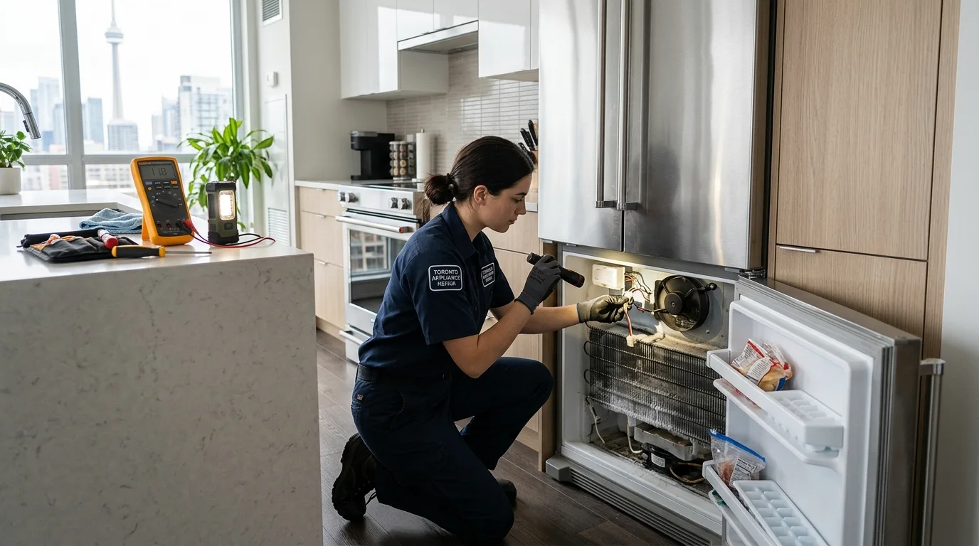 Refrigerator inspection scene illustrating samsung refrigerator not cooling in a residential setting