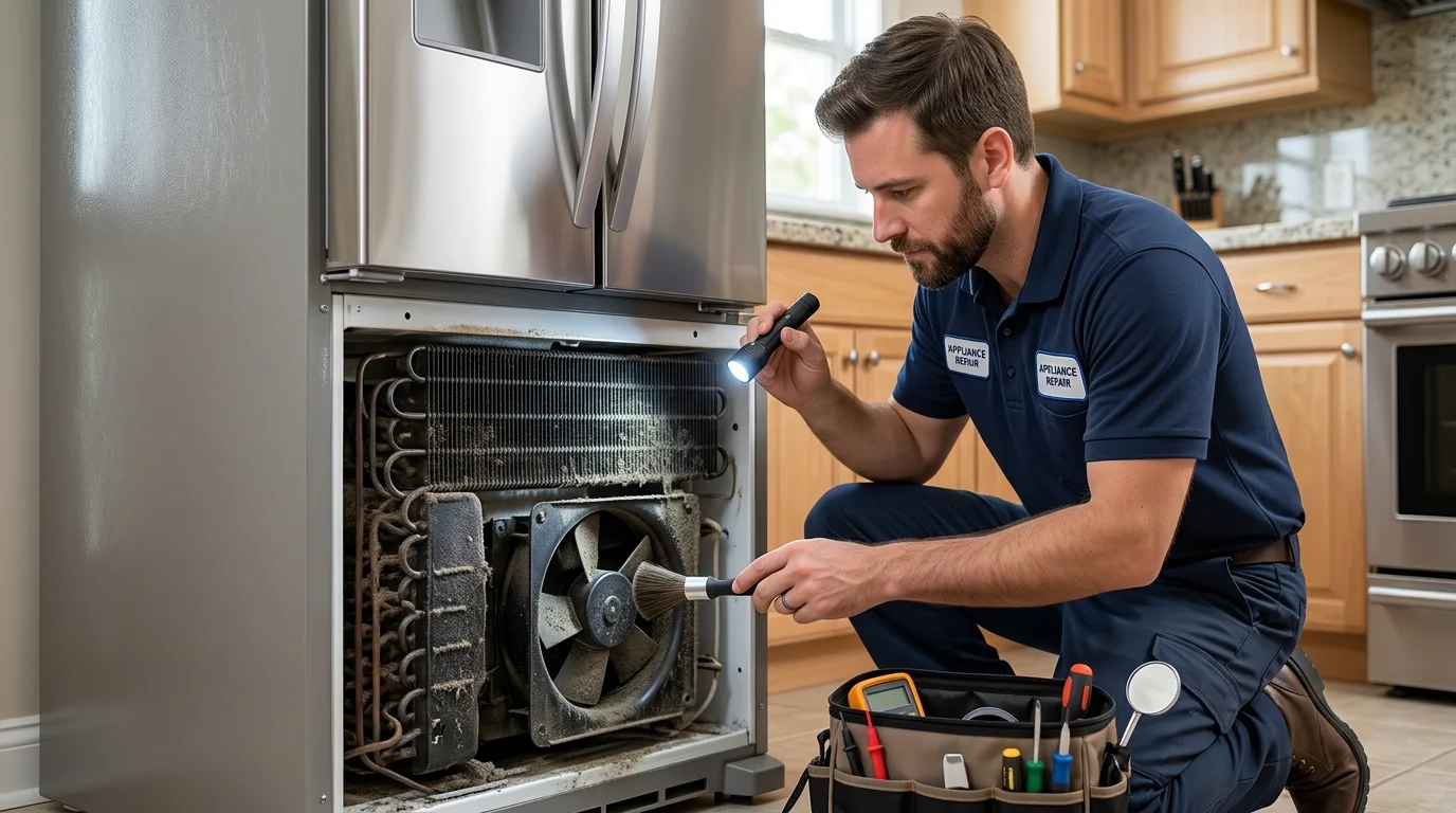 Technician inspecting the airflow, condenser or cooling-system inspection area of a refrigerator while troubleshooting Samsung refrigerator not cooling