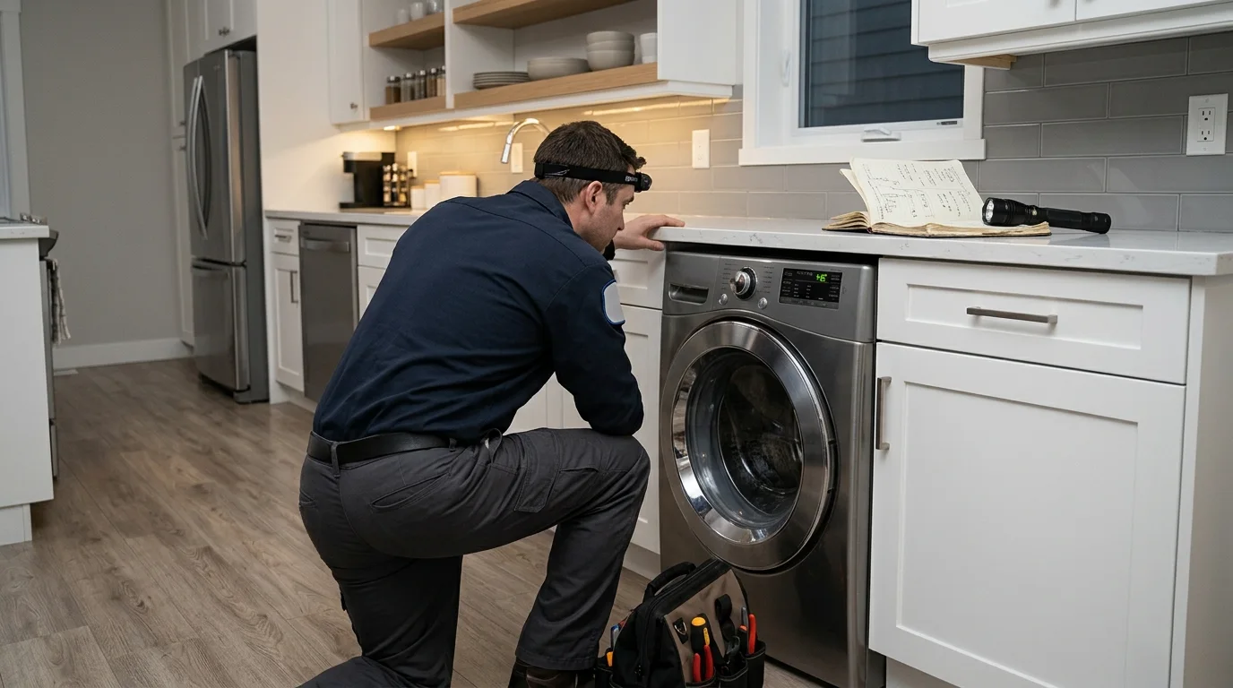 Washer inspection scene illustrating samsung washer 4e code in a residential setting