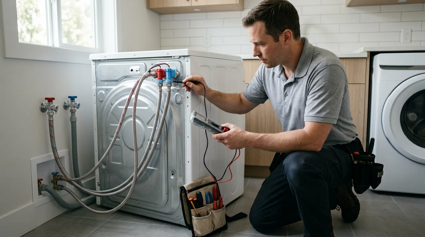 Technician inspecting the problem-specific component inspection area of a washing machine while troubleshooting Samsung washer 4E code