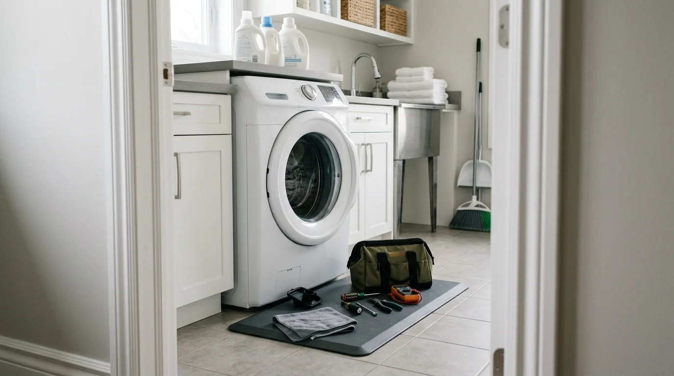 Washer inspection scene illustrating samsung washer not spinning in a residential setting