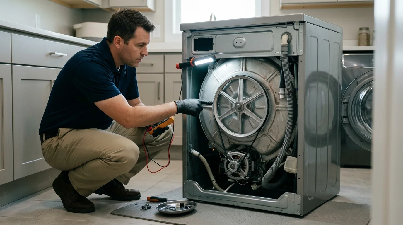 Technician inspecting the drum, belt, motor or support-component inspection area of a washing machine while troubleshooting Samsung washer not spinning