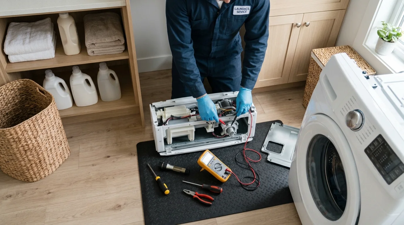 Washer inspection scene illustrating samsung washer ue code in a residential setting