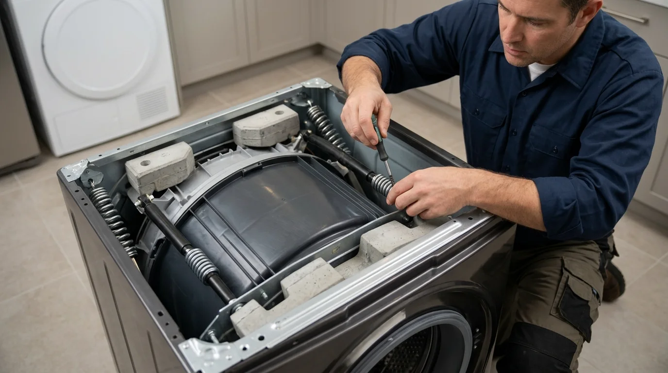 Technician inspecting the problem-specific component inspection area of a washing machine while troubleshooting Samsung washer UE code
