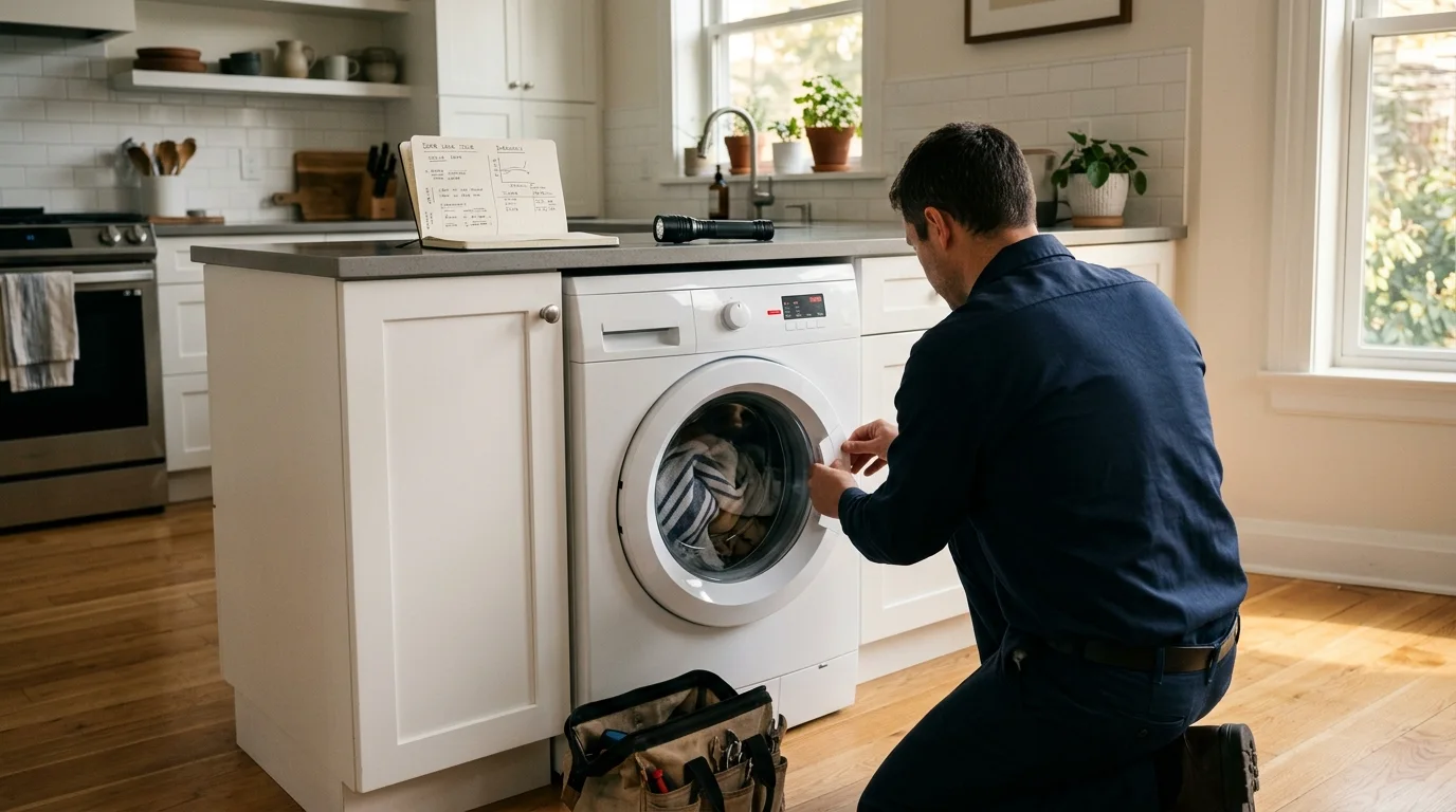 Washer inspection scene illustrating washer door won't open in a residential setting