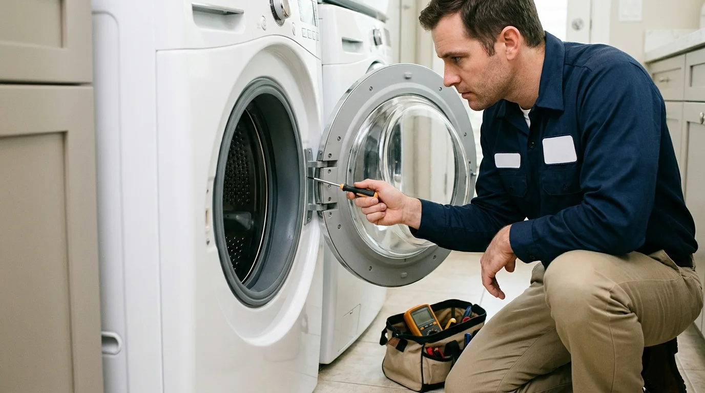 Technician inspecting the door latch or lock area of a washing machine while troubleshooting washer door won't open