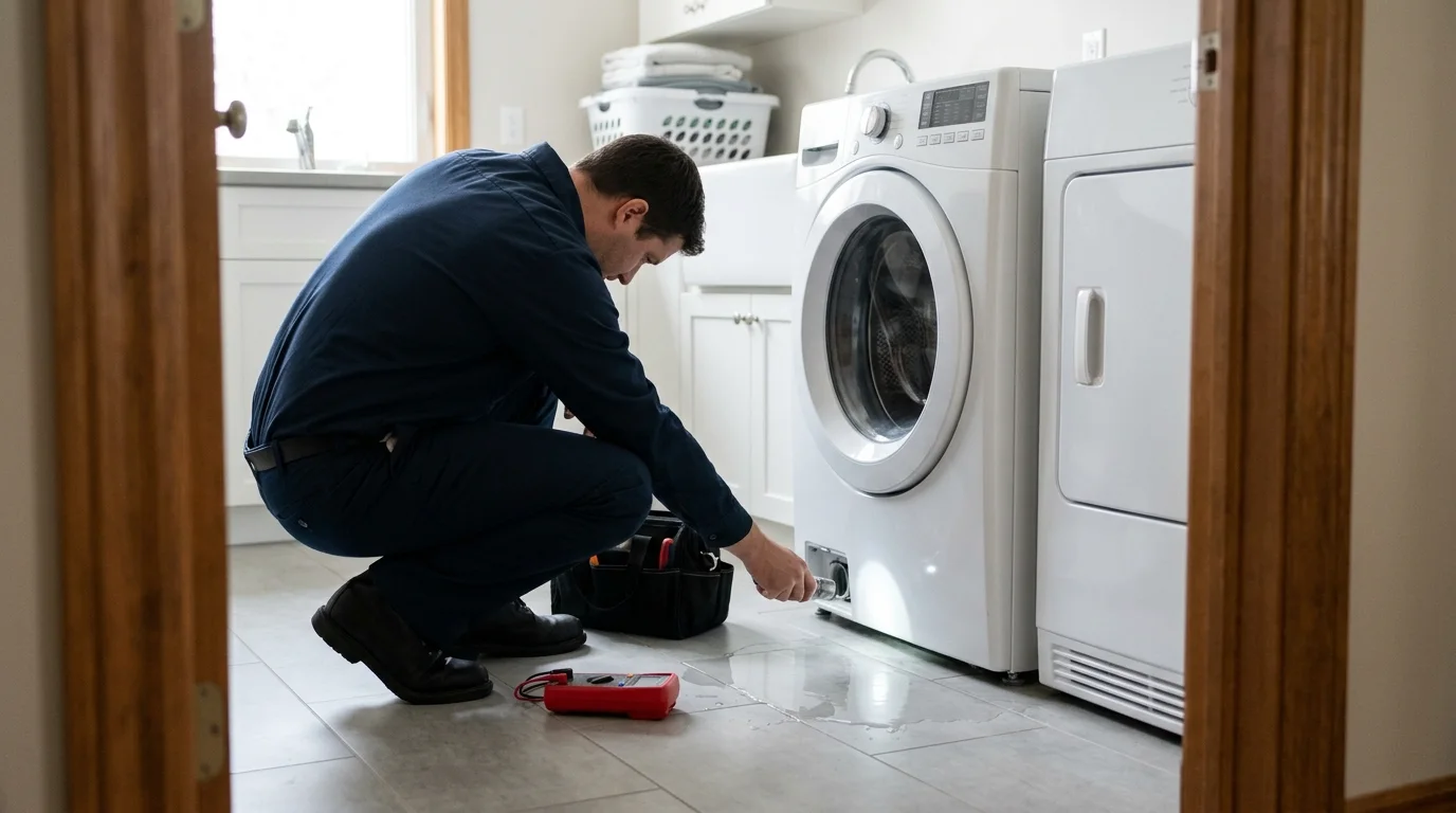 Washer inspection scene illustrating washer leaking in a residential setting