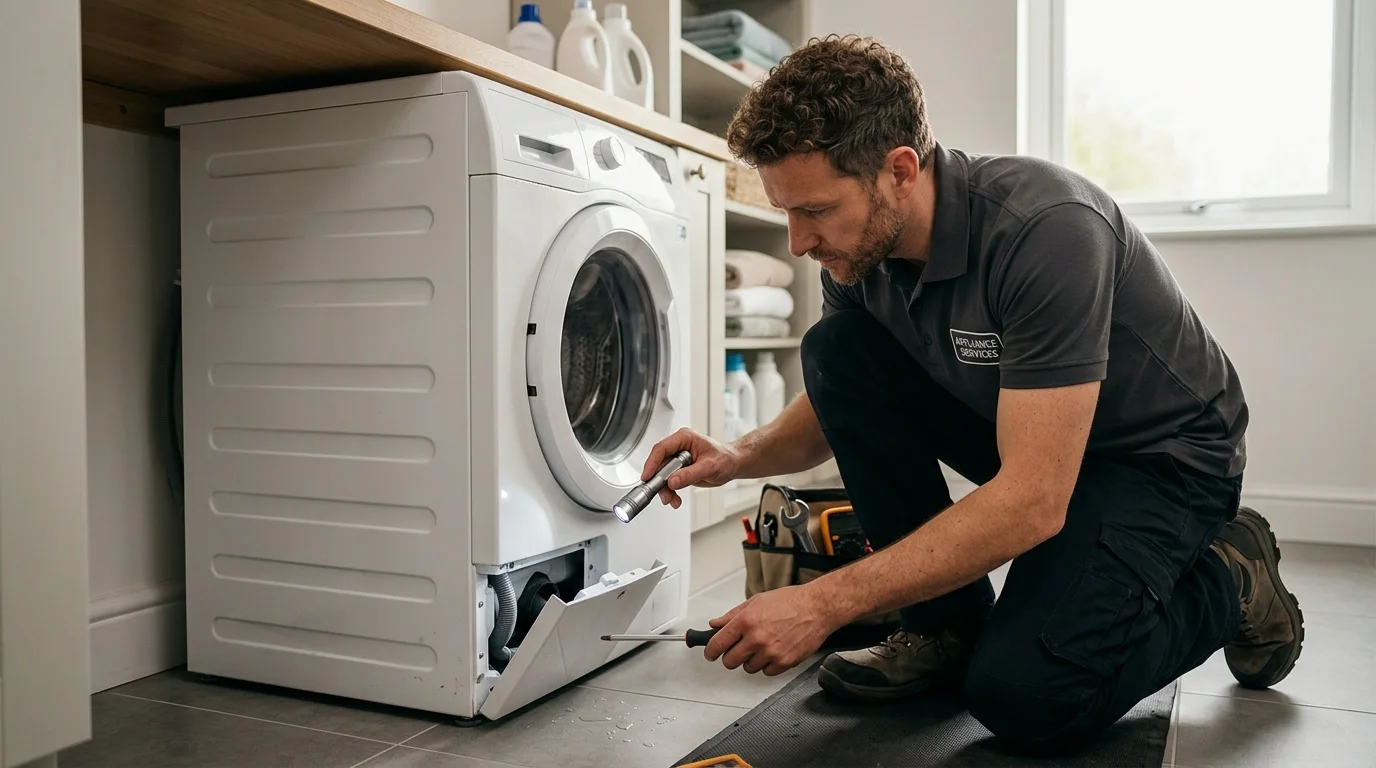 Technician inspecting the door seal, hose or lower-front leak inspection area of a washing machine while troubleshooting washer leaking