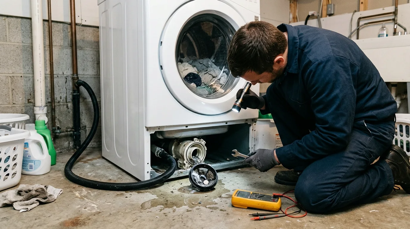 Washer inspection scene illustrating washer not draining in a residential setting