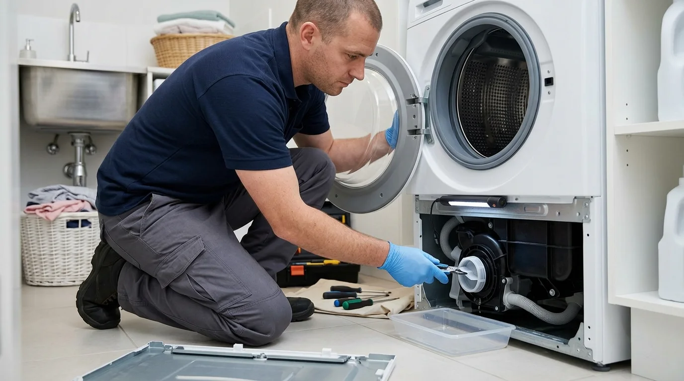 Technician inspecting the lower filter and drain-pump area of a washing machine while troubleshooting washer not draining