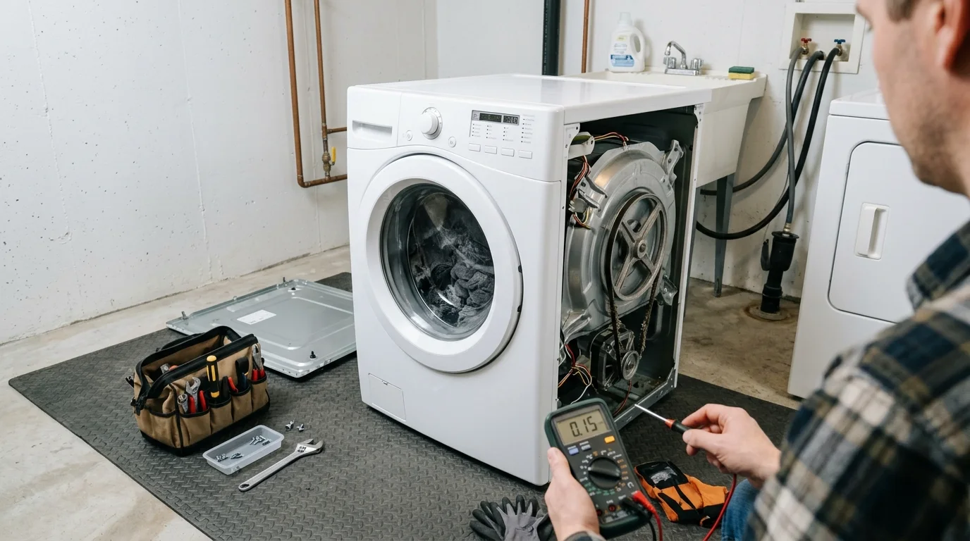 Washer inspection scene illustrating washer not spinning in a residential setting