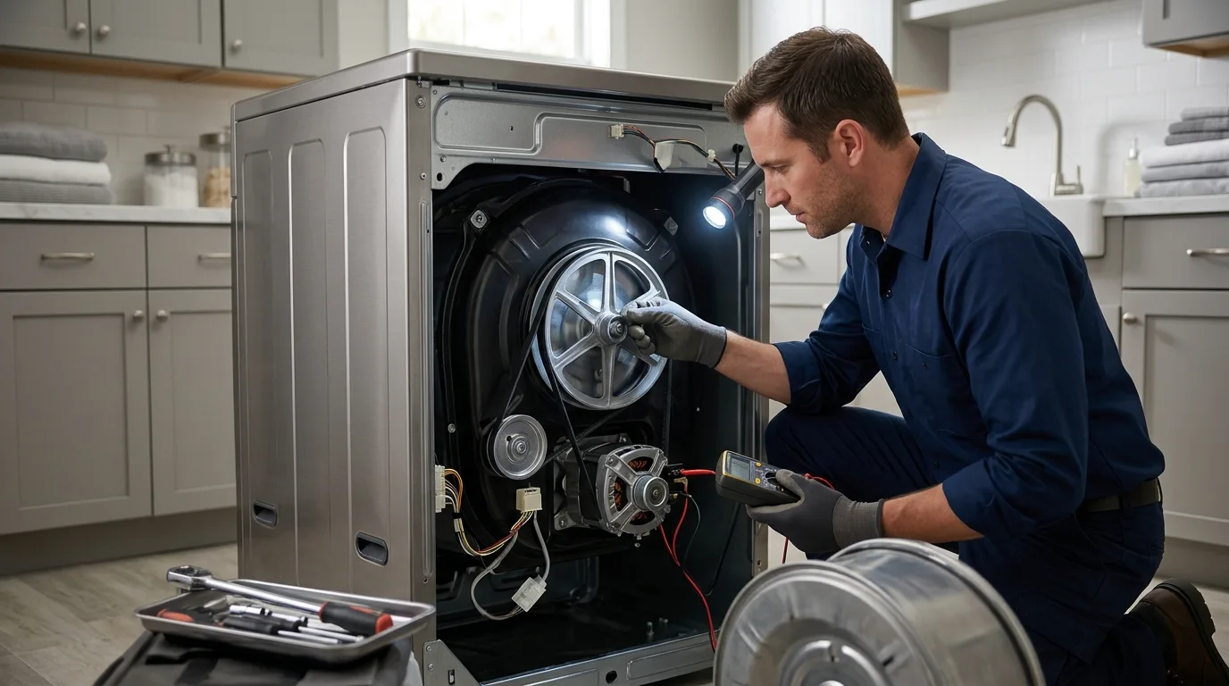 Technician inspecting the drum, belt, motor or support-component inspection area of a washing machine while troubleshooting washer not spinning
