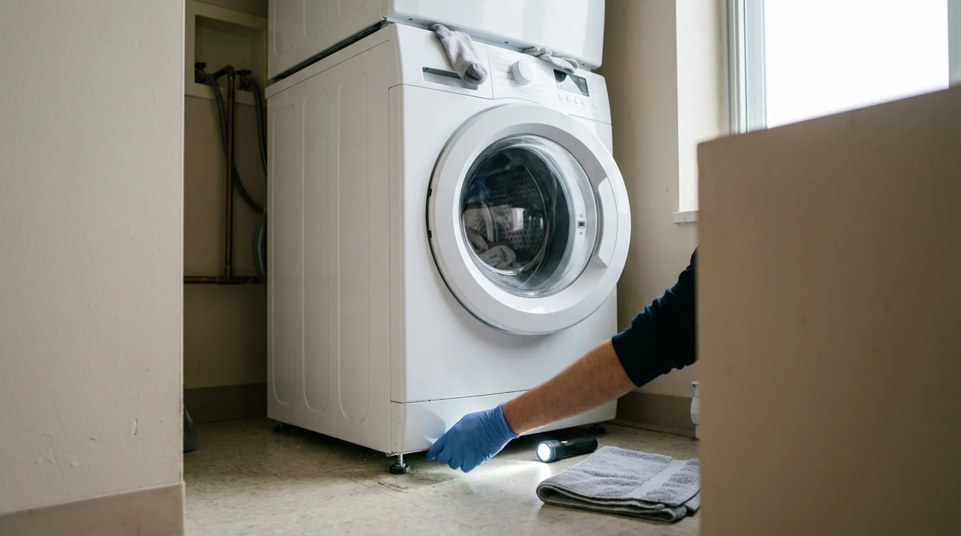 Washer inspection scene illustrating washer shaking violently in a residential setting
