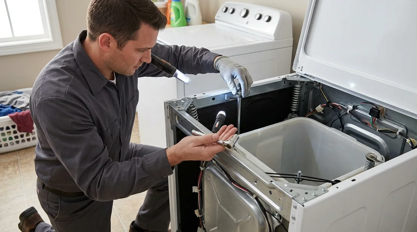 Technician inspecting the problem-specific component inspection area of a washing machine while troubleshooting washer shaking violently
