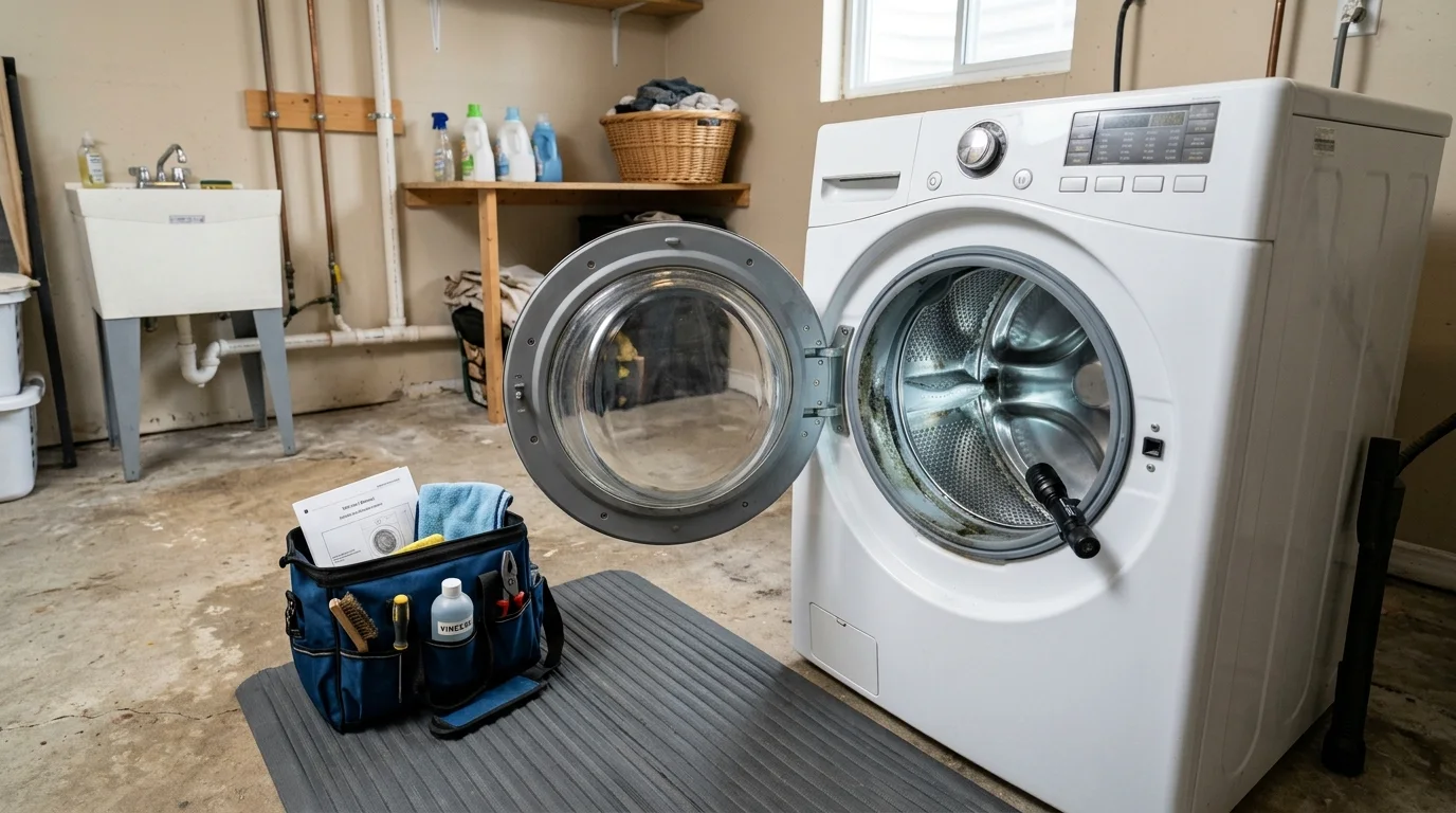 Washer inspection scene illustrating washing machine smells musty in a residential setting