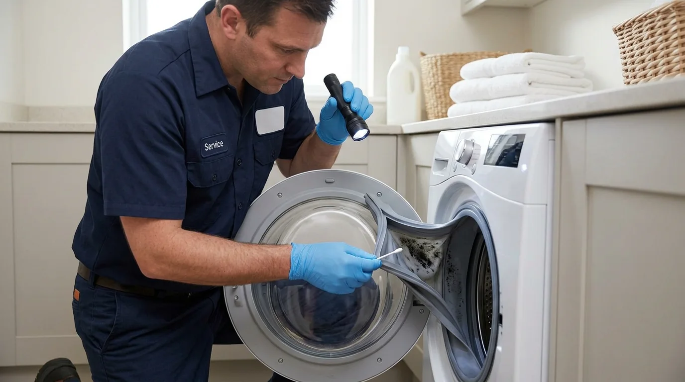 Technician inspecting the problem-specific component inspection area of a washing machine while troubleshooting washing machine smells musty