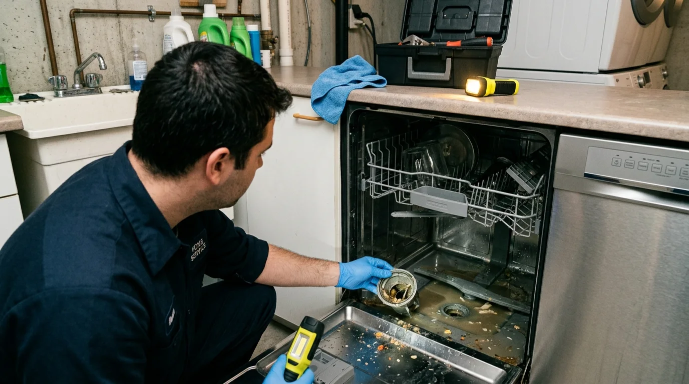 Dishwasher inspection scene illustrating whirlpool dishwasher not draining in a residential setting