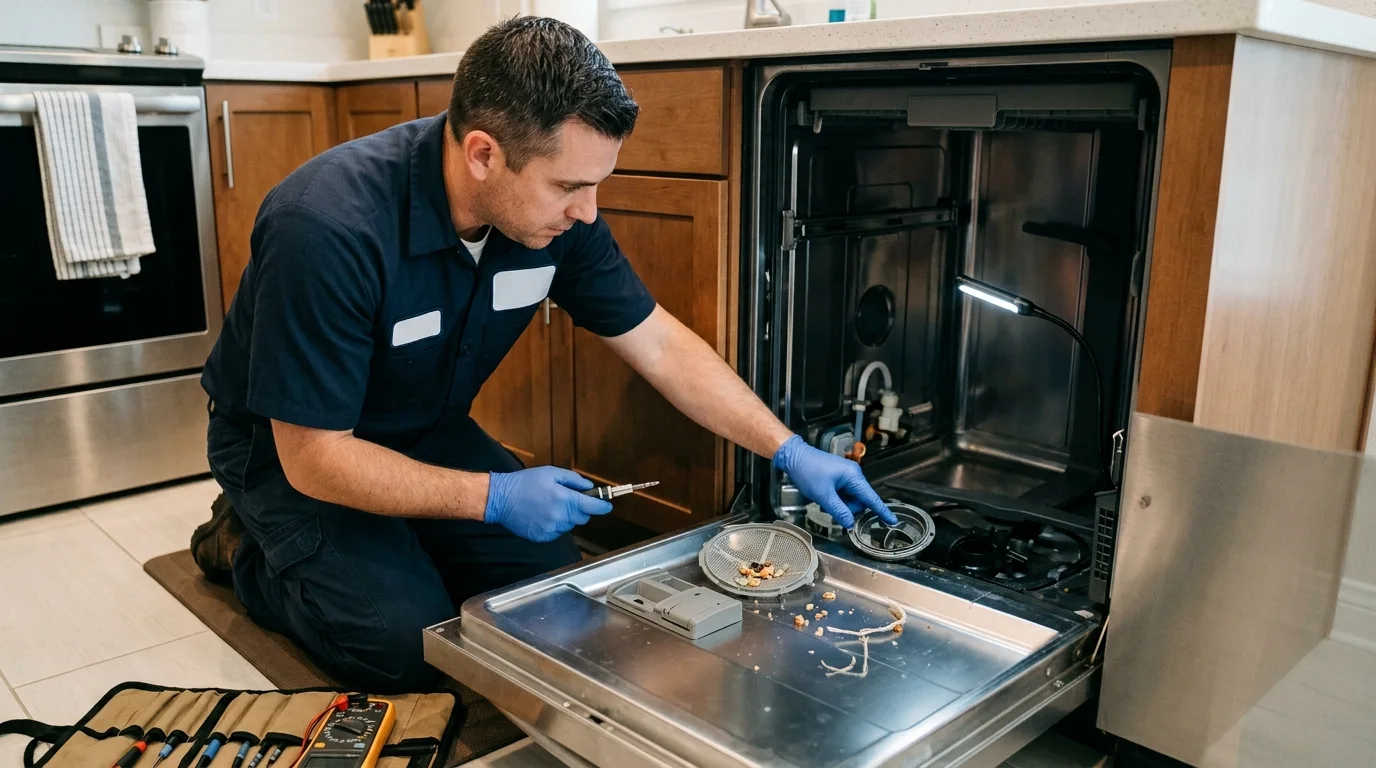 Technician inspecting the lower filter and drain-pump area of a dishwasher while troubleshooting Whirlpool dishwasher not draining